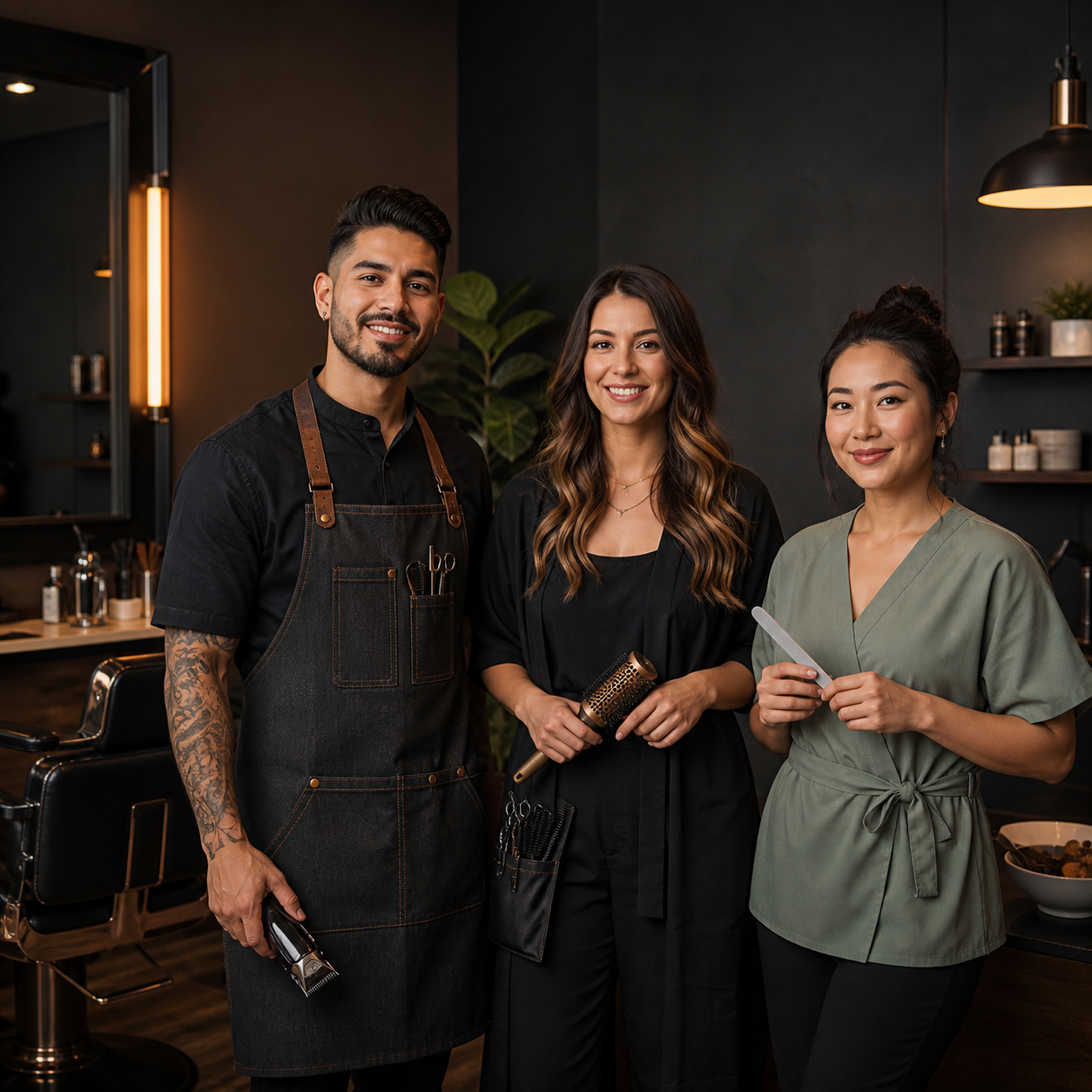A barber, hairstylist, and nail or spa professional standing together in a modern studio